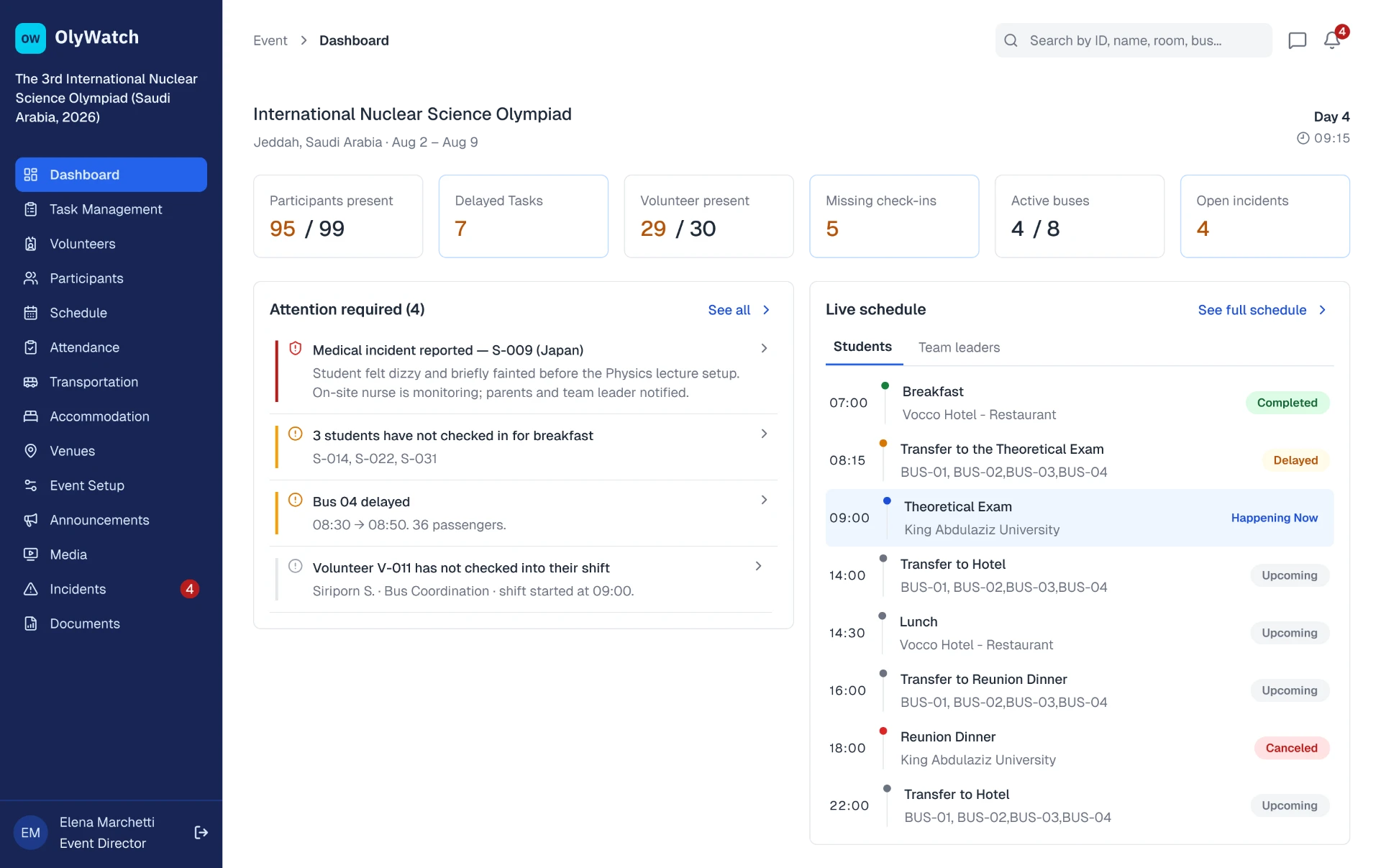 Real OlyWatch organizer dashboard