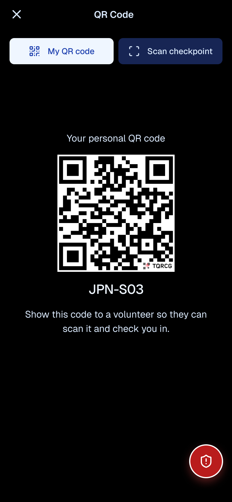 Real OlyWatch personal QR check-in code screen
